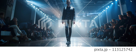 Caucasian male model in fashion clothes walks on the catwalk. 113125742