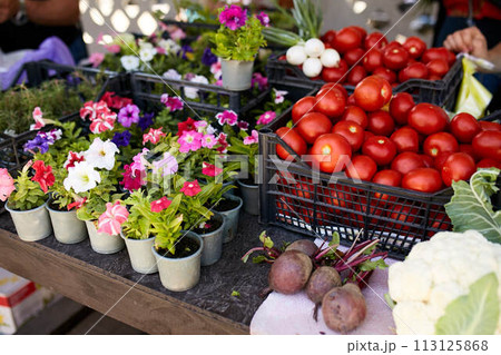 Fresh organic vegetables and fruits on sale at the local farmers summer market outdoors. Healthy organic food concept. Madagascar periwinkle flowers in pots on sale. 113125868