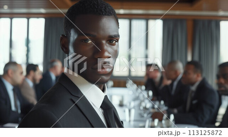 African male businessman stands in front of a conference table and poses with confidence in the office. 113125872