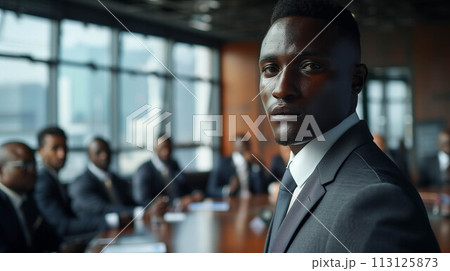 African male businessman stands in front of a conference table and poses with confidence in the office. 113125873