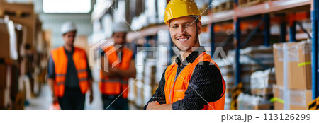A team of Caucasian men is working in a warehouse. A team of Caucasian men is working in a warehouse. 113126299