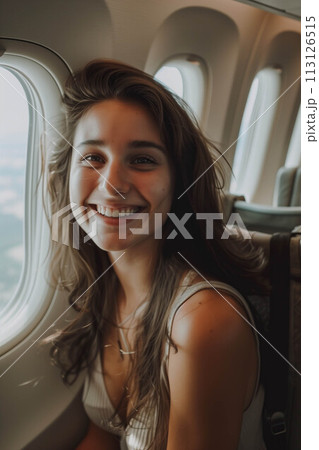 Caucasian woman sitting in airplane near window. 113126515