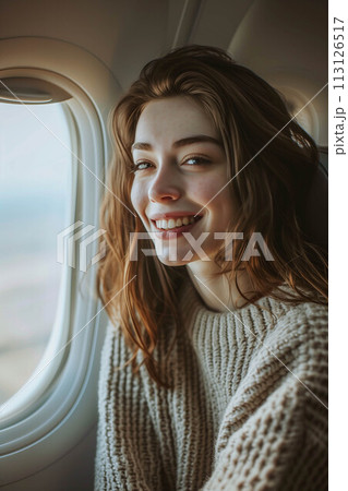 Caucasian woman sitting in airplane near window. 113126517