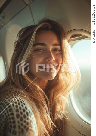 Caucasian woman sitting in airplane near window. 113126518