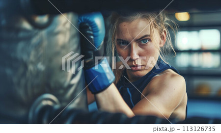 Caucasian woman in exercise clothes punching a punching bag in the gym. 113126735