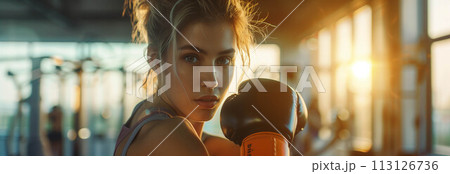 Caucasian woman in exercise clothes punching a punching bag in the gym. 113126736