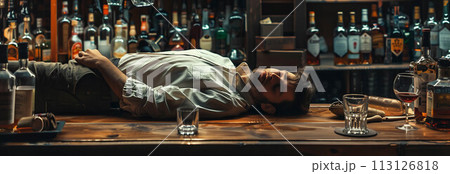 Selective focus of caucasian man drunk and asleep on table in liquor store. 113126818