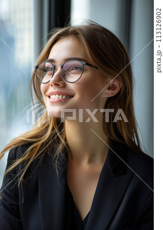 Caucasian businesswoman smiling with confidence in office. 113126902