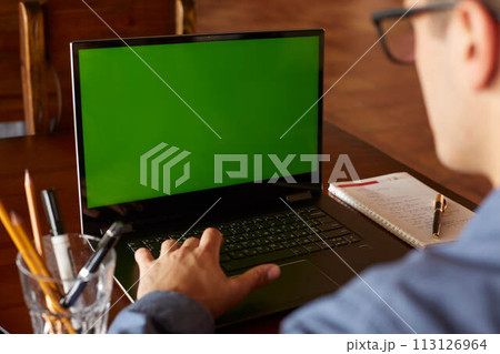 Back view of freelancer man in glasses working with laptop. Green screen. Caucasian businessman doing project on pc. Copyspace and product placement. 113126964
