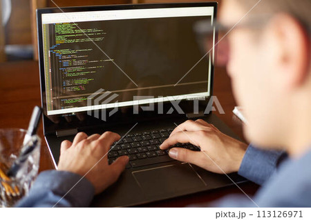 Back view over the shoulder shot of developer programmer with laptop. Program code and script data on the screen. Young freelancer in glasses working on project in cafe. 113126971