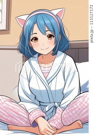 Anime girl smiling in pajamas and cat ears headband, sitting in her room 113127172