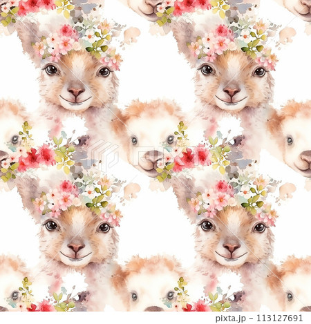 Sheep With Flowers Watercolor Painting 113127691