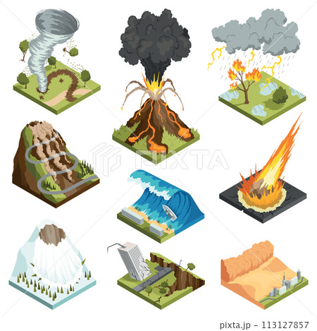 Isometric representation of natural disaster vector illustration set 113127857