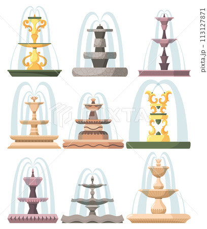 Set of water fountains and water splash. Vintage and modern architecture decor with splashing drops. Outdoor park decoration with architectural elements cartoon vector 113127871