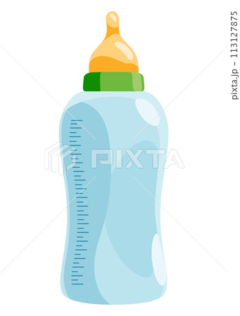 Baby healthy food in bottle. Kids meal icon, isolated on white background. Vector flat cartoon illustration of fruit and vegetable puree, porridge, milk and biscuits 113127875