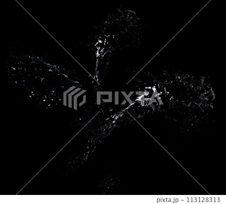 Long stream of fresh transparent water isolated on black background. 113128313