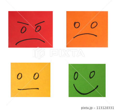 Multi-colored paper stickers with emotions on a white background, evaluation 113128331