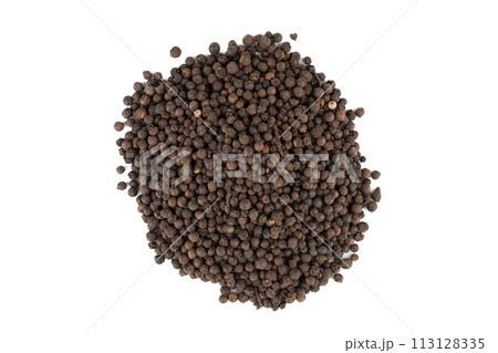Top view of a pile with black unground pepper peas on a white background. Top view of a pile with black unground pepper peas on a white background. 113128335