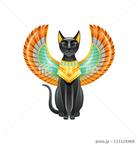 Egyptian Cat. Bastet goddess. Black cat with scarab wings and gold necklace. Satuette from ancient Egypt art. Cartoon 3d icon for logo design. Old style vector illustration isolated white background 113128468