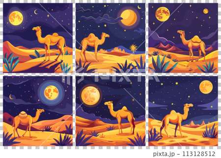 Smiling Camel A happy cartoon camel with a big grin grazes on plants in a sandy desert 113128512