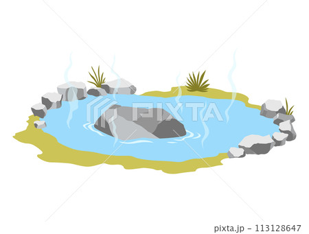 Japanese outdoor onsen pool with hot spring water vector illustration. Cartoon isolated traditional pond with rocks of spa resort in Japan, natural geothermal onsen bath for relax and bathing 113128647