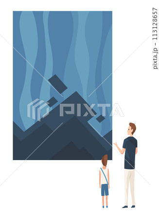 Art gallery with visitors looking at paintings vector flat illustration. People at the exhibition cartoon characters in modern art style Art gallery with visitors looking at paintings vector flat illustration. People at the exhibition cartoon characters in modern art style 113128657