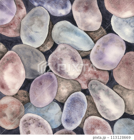 Pebbles in watercolor purple and violet backdrop. Illustration underwater rocks in purple tones, undersea ornament for wallpaper, printing, backgrounds. Colorful gravel artwork 113128669