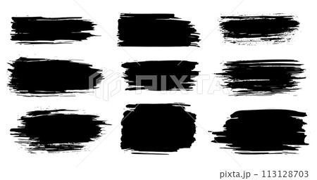 Paint brush. Black ink grunge brush strokes. Vector paintbrush set. Grunge design elements. Painted ink stripes. Creative isolated spots. Ink smudge abstract shape stains and smear set 113128703