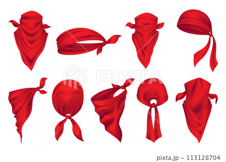 Red realistic bandana on neck. Youth fashion neck scarf or cowboy garment element template. Biker face scarf, bandanna neck shawl. Blank handkerchief unisex uniform. Western clothes 113128704