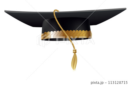 Graduation cap. Black educational student hat with golden tassel. Element for degree ceremony and educational programs design. College, high school or university cap isolated on white background Graduation cap. Black educational student hat with golden tassel. Element for degree ceremony and educational programs design. College, high school or university cap isolated on white background 113128715
