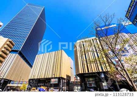 日本の東京都市景観 桜の季節到来…脱コロナ、青空に映える池袋駅東口にあるハレザ池袋や賑わう中池袋公園 113128733