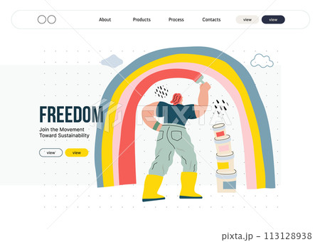 Life Unframed: Rainbow artist -modern flat vector concept illustration of a man drawing a rainbow. Metaphor of unpredictability, imagination, whimsy, cycle of existence, play, growth and discovery 113128938