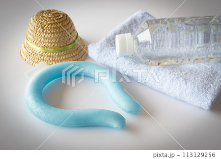 ネックリングとペットボトル入りの水　熱中症対策　冷却グッズ　水分摂取　健康管理　暑さ対策 113129256