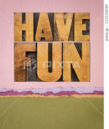 have fun word abstract - text in vintage letterpress wood type blocks on art paper poster have fun word abstract - text in vintage letterpress wood type blocks on art paper poster 113129294