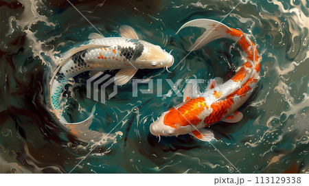 Two spotted koi carp circle in the water. 113129338
