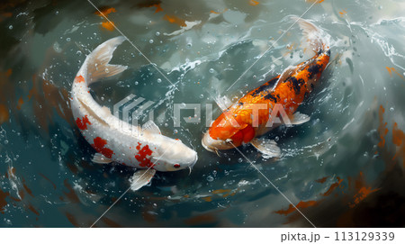 Two spotted koi carp, white and orange, circle in the water. 113129339