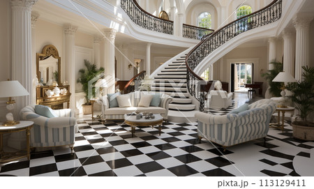 Grand Staircase and Luxurious Decor in Opulent Residential Foyer Grand Staircase and Luxurious Decor in Opulent Residential Foyer 113129411