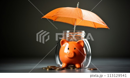 Savings Protection: Piggy Bank in Jar Under Umbrella Ai generated 113129541