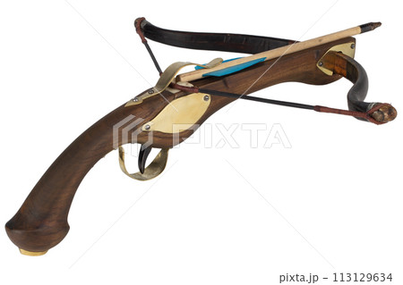 Vintage small crossbow isolated on white Vintage small crossbow isolated on white 113129634
