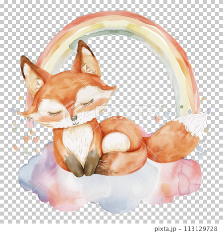 Sleeping fox in whimsical watercolor, pastel rainbow and botanical elements for serene nursery art 113129728