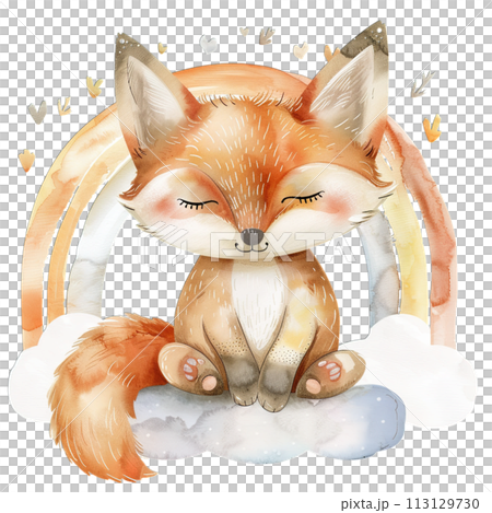 Sleeping fox in whimsical watercolor, pastel rainbow and botanical elements for serene nursery art Sleeping fox in whimsical watercolor, pastel rainbow and botanical elements for serene nursery art 113129730
