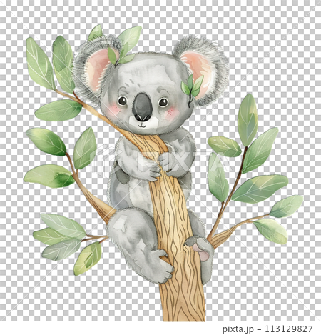 Adorable watercolor koala with a pastel rainbow, surrounded by whimsical botanicals for kids rooms 113129827
