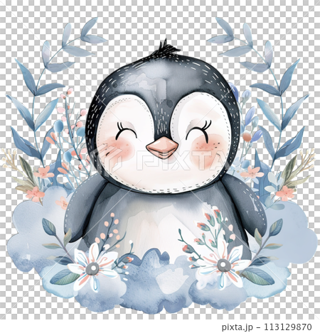 Cheerful watercolor penguin with pastel rainbow and spring floral decor for heartwarming nursery art Cheerful watercolor penguin with pastel rainbow and spring floral decor for heartwarming nursery art 113129870