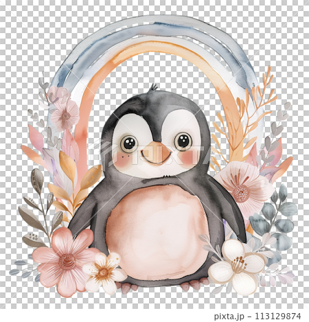 Cheerful watercolor penguin with pastel rainbow and spring floral decor for heartwarming nursery art Cheerful watercolor penguin with pastel rainbow and spring floral decor for heartwarming nursery art 113129874