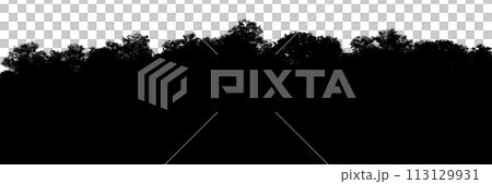 3D silhouette visualization of a coniferous forest panorama on a transparent background. Render map element for quick background 113129931
