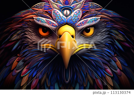 Close-up of a bald eagle head with a colorful, patterned mandala design on its crown Close-up of a bald eagle head with a colorful, patterned mandala design on its crown 113130374