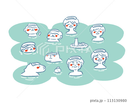 入浴する人や動物のイラストセット 線画 入浴する人や動物のイラストセット 線画 113130980