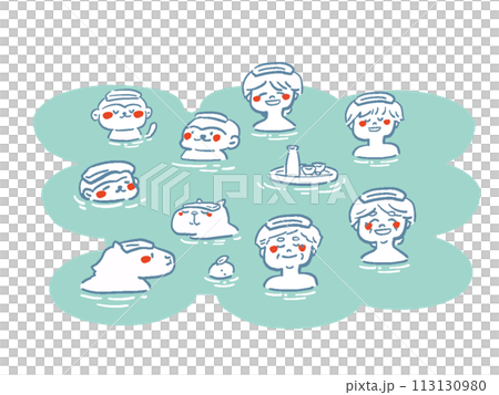 入浴する人や動物のイラストセット 線画 入浴する人や動物のイラストセット 線画 113130980