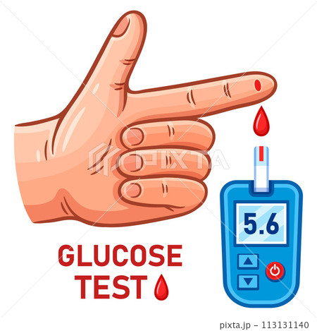 Glucometer, blood glucose test meter, sugar level medical measuring from finger hand, diabetes monitoring analysis electronic device. Insulin control, diabetic diagnosis equipment. Health care vector 113131140