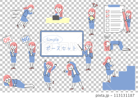 Illustration set of full body poses of a woman in a suit 113131187